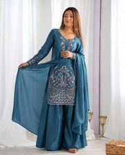 Teal Blue Farsi Salwar Suit Set Embroidered Party Wear Kurta Dupatta Set