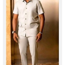 Gray Short Sleeve Shirt and Pants Kaftan African Men Clothing African Wear