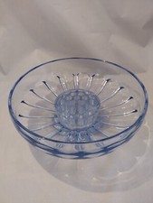 Vintage Bagley Art Deco Queen's Choice Blue Glass Bowl with Flower Frog 1930s 