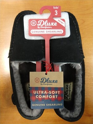 Dearfoams Dluxe Kids Unisex Memory Cushion Black Shearling *KIDS SIZE 3 -  8D