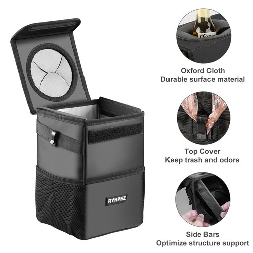 Car Trash Can with Lid - Car Trash Bag Hanging with Storage Pockets Collapsib... - Picture 2 of 8