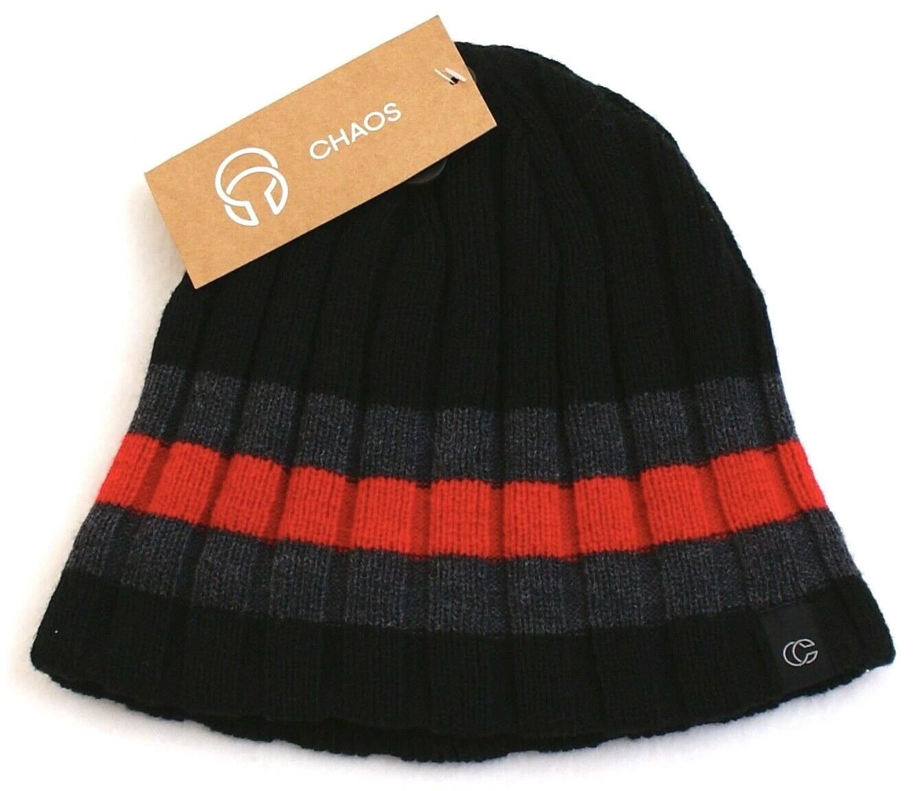 Chaos Black & Red Fleece Lined Wide Rib Knit Beanie Skull Cap Men's One Size NWT