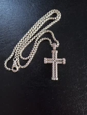 David Yurman 925 Sterling Silver Cross Pendant and 20" Box Chain