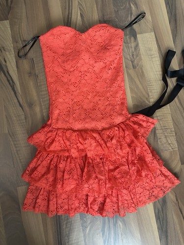 Minikleid Hochzeit Kleid Broderie Anglaise Rot Peplum Rüschen Spitze Gr. XS 32 - Bild 9 von 14