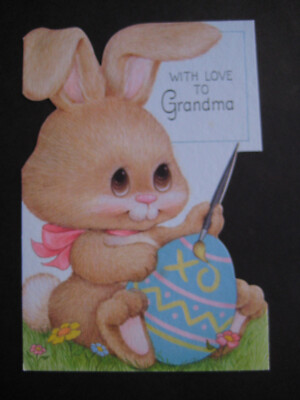 FRONT ONLY vintage greeting card EASTER To Grandma Bunny Painting Easter Egg