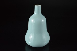 Z736: Japan Kiyomizu-ware Celadon Gourd-shaped Shapely FLOWER VASE Ikebana, auto