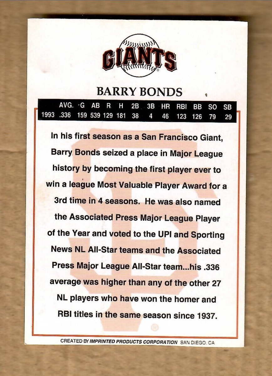 BARRY BONDS Vintage 1993 SF Giants #25 MVP SF Chronicle Card | eBay