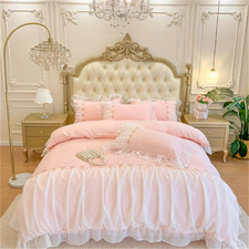 Pink Bedding-Romantic Ruffle Lace Bedding Set 3 Piece Comforter Fulll Duvet Cove