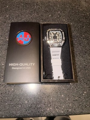 AJ Moissanite Iced Out Tonneau Watch with White Silicone Strap