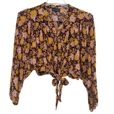 Cynthia Rowley Floral Tie Front Cropped Blouse Women's Size Large Long Sleeve