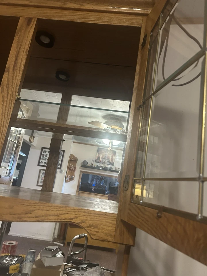 Oak Wood Bevill Glass Display Hutch / Cabinet w/ Storage Drawers and Doors - Image 4 of 4