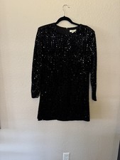 Halston Black Velvet Sequin Midi Dress Long Sleeve Size M Glam Evening
