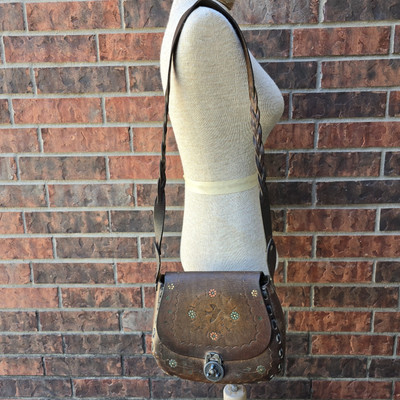 Vintage 70s Hand Tooled Painted Leather Boho Hippie Flower Purse Bag Mexico 