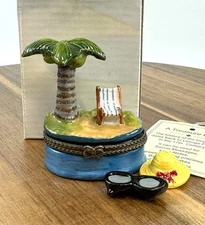 Porcelain Hinged Trinket Box Palm Tree With Chair Tropical Vacation