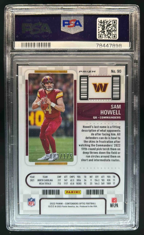 2022 Contenders Optic Sam Howell RC Red Rookie Ticket #83/175 Commanders PSA 9 - Image 2 of 2
