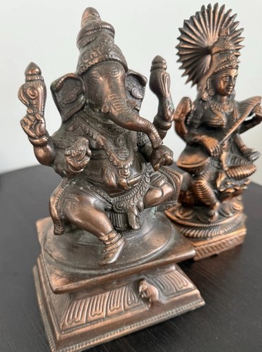 Vintage Pair Hindu Bronze Statues Ganesh And Saraswati - Picture 2 of 12
