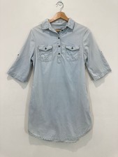 Wakee Denim Dress Women 8 Light Wash Chambray Shirt Dress 1/2 Sleeve Roll Tab