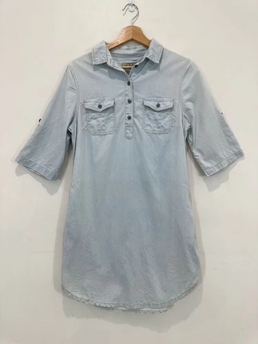 Wakee Denim Dress Women 8 Light Wash Chambray Shirt Dress 1/2 Sleeve Roll Tab