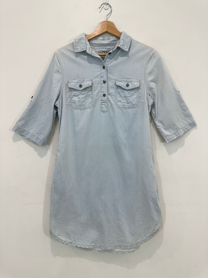 Wakee Denim Dress Women 8 Light Wash Chambray Shirt Dress 1/2 Sleeve Roll Tab