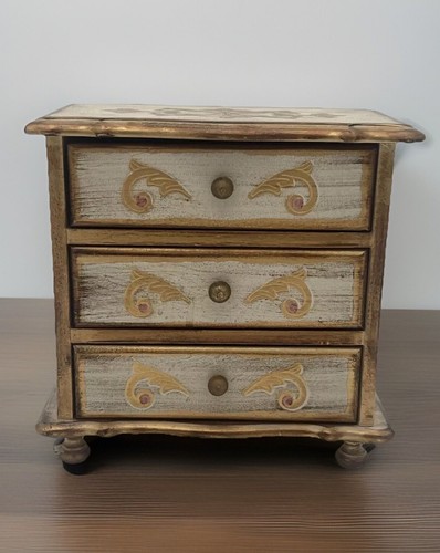 Rare Vintage Wooden Florentine Music Box Jewelry Box Dresser 3 Drawers