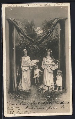 Foto-AK NPG NR: 195, Buchstabe M, Malerin und Musikerin mit Harfe 1905 