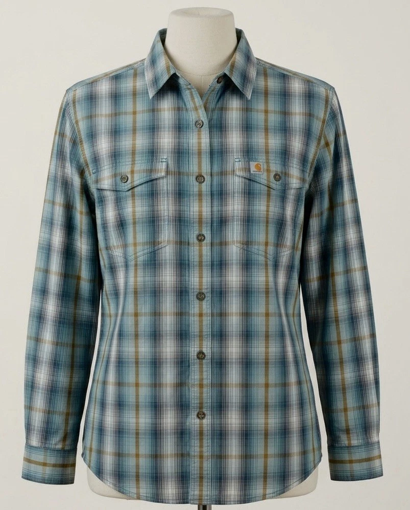 Carhartt Men's Large Relaxed Fit Plaid Shirt Long Sleeve Blue Green Tan Cotton