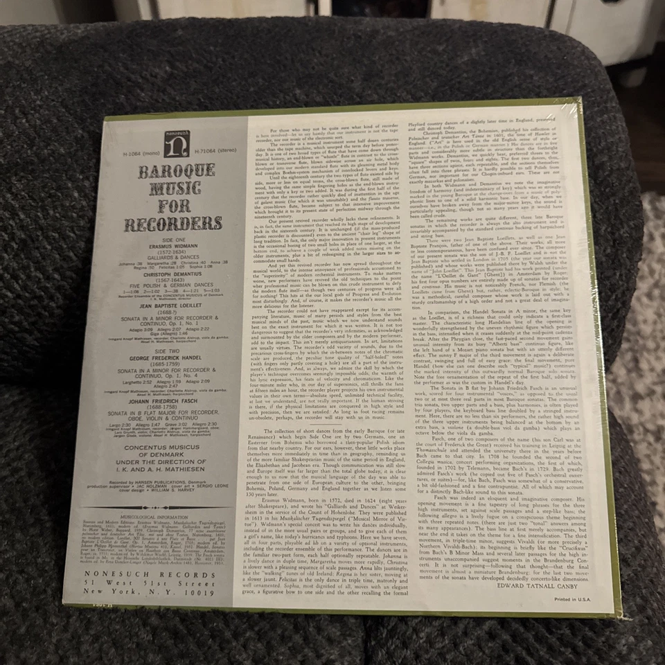 SEALED Baroque Music For Recorders Vinyl Record-H1064 (mono) H-71064. (stereo) - Image 3 of 3