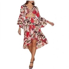 RAGA Floral Print Tie Front Cutout Midi Dress Bell Sleeve Women's Size M NWT