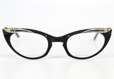 Vintage 1960s Cat Eye Women's Eyeglasses Frames USA Black Rhinestones 47-22-140
