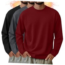 3 Pack Mens Long Sleeve Shirts Crew Neck Medium Wine Red, Dark Gray, Black