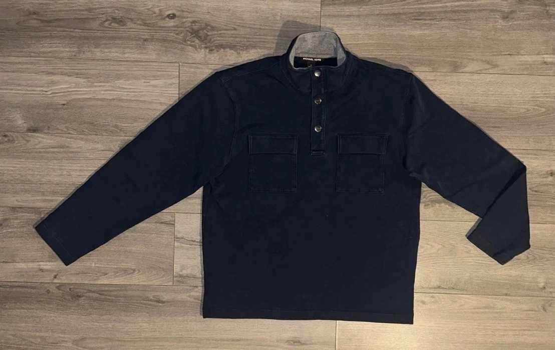 Michael Kors Snap Button Fleece Henley Sweater Mens Large Navy Blue