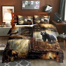3PCS Black Bear Moose Elk Deer Comforter Set King Size, Rustic Cabin Bedding, Ma