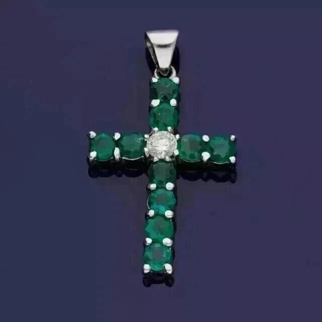 3CT Round Cut Natural Emerald Men's Cross Pendant 14K White Gold Plated Silver - Image 2 of 4