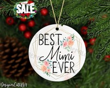 Personalized Best Mimi Ever Ornament, Floral Grandma Keepsake On Marble Backg...