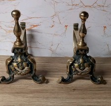 Antique Pair of Brass Firedogs Andirons With Ornate Decoration 26cm Top Finial. 
