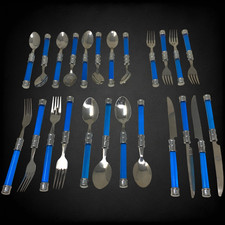 Vtg  1980s Lot 24 Azure Blue Lucite Handle Silverware Flatware Stainless Pop Art