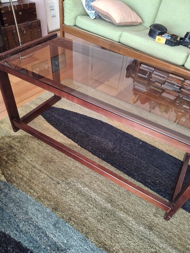 Vintage Coffee Table With Smoked Glass Top Mid Century Style Teak - Picture 4 of 8