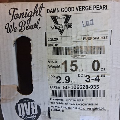 DV8 Damn Good Verge Pearl bowling ball 15 LB. NEW IN BOX