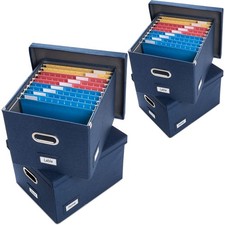 File Organizer Box - Set of 4 Collapsible Decorative Linen Filing Storage Han...