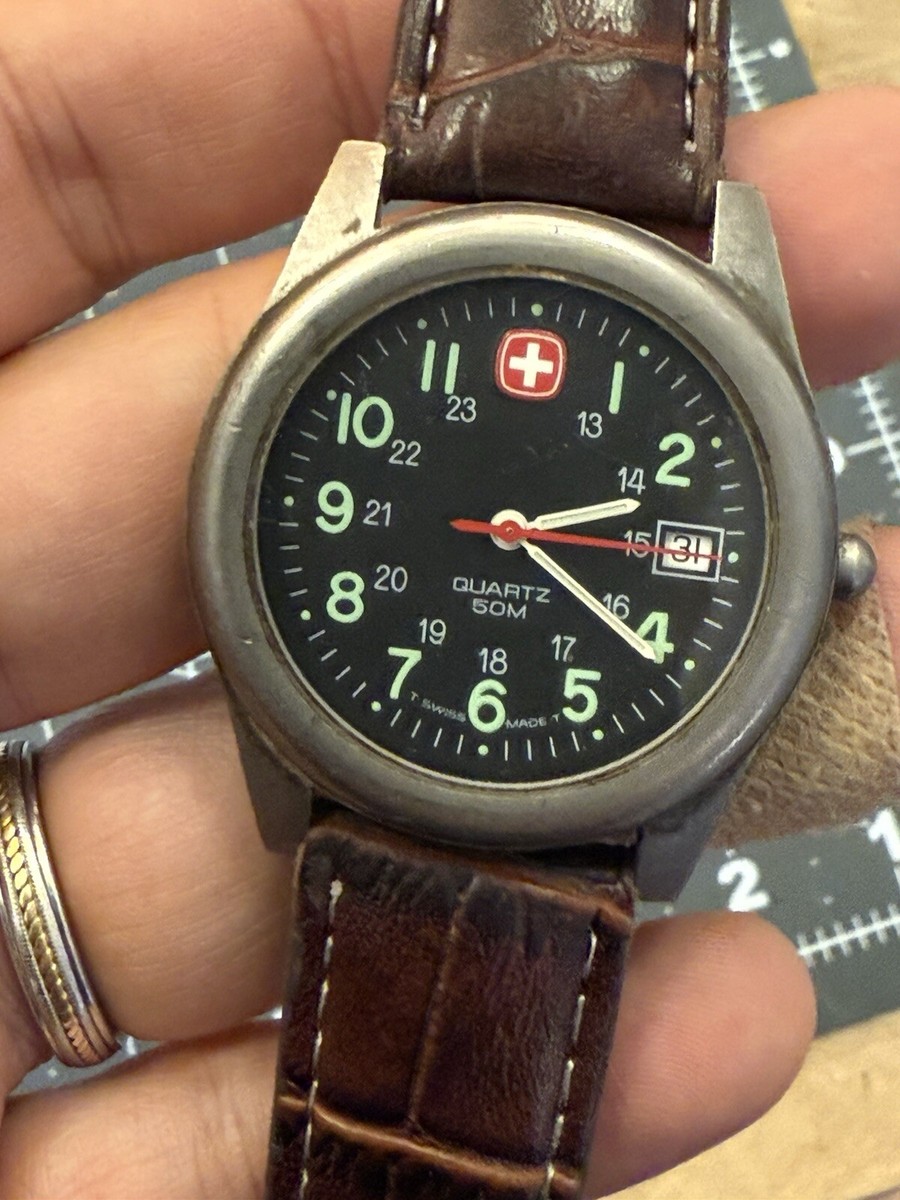 Vtg Wenger SAK Watch Men 37mm Black Dial Date Marlboro Swiss New