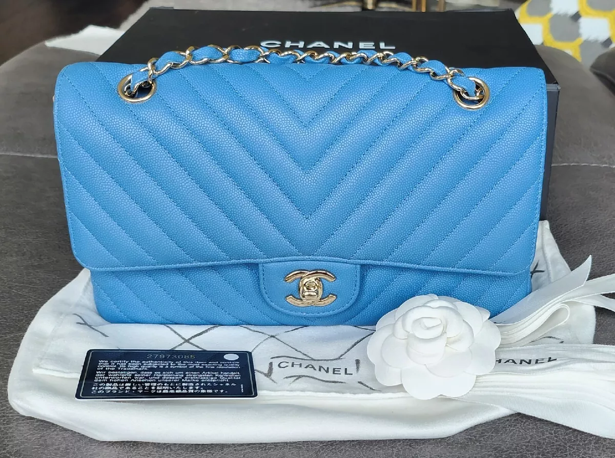 Buy Exclusive Chanel Blue Caviar Chevron Classic Flap Small Light Gold Hardware | Sale | REDELUXE