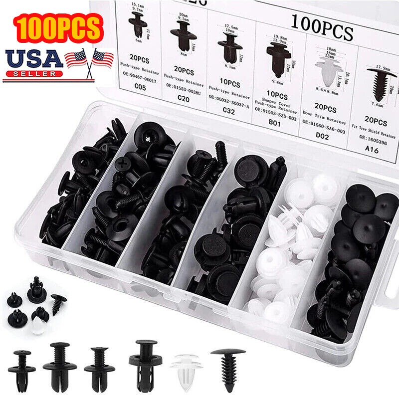 100-Piece Automotive Push-Type Retainer Clip Assortment – Bumper, Trim, Molding, Splash Guard – Universal Fit, Includes Removers & Screwdriver