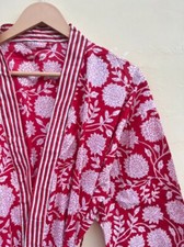 New Indian Red Floral Striped Kimono Cotton Bridal Bath Robes Maxi Night Gown US