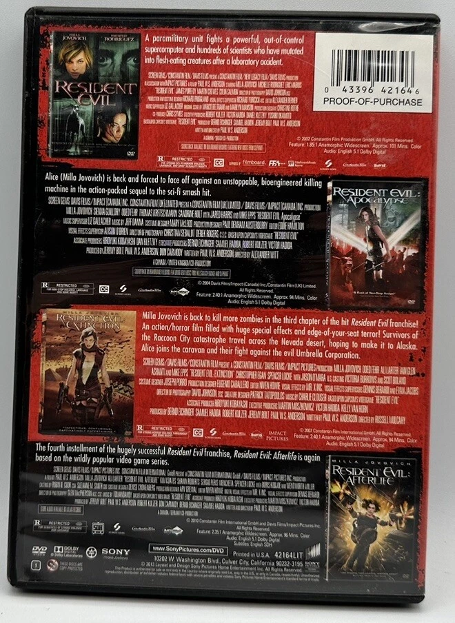 Resident Evil DVD Four Movie Collection Widescreen Milla Jovovich 2013 - Image 2 of 3