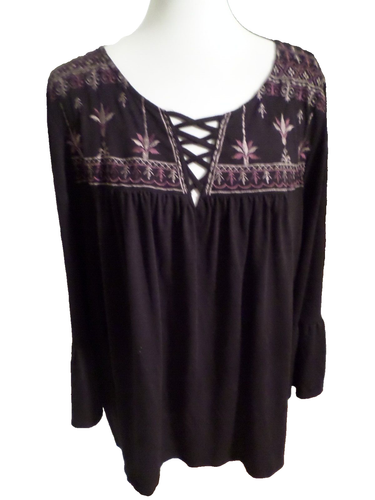 Ladies Size 3X 22 - 24W Faded Glory Embroidered Black BOHO Polyester Rayon Top