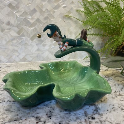 Department 56 Elf pixie Candy Dish Green Clover Christmas St Patrick's Ceramic