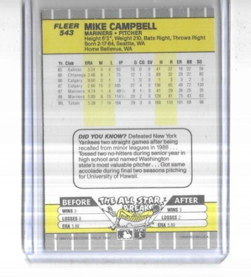 1989 Fleer #543 Mike Campbell Seattle Mariners | eBay