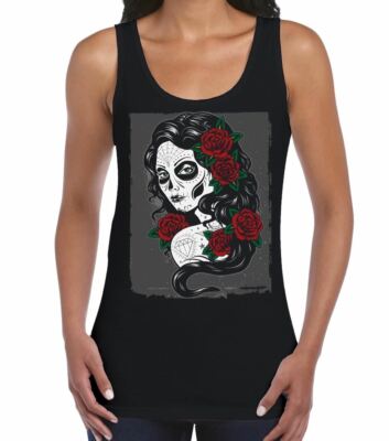 Day Of The Dead Sugar Skull Tattoo Girl Women's Vest Tank Top - Goth