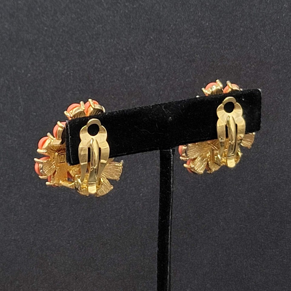 Vintage Clip on Earrings Gold tone Coral tone Flower Rhinestone 1.25