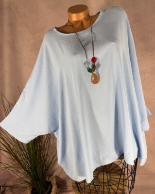 NEU crinkle Tunika Bluse + Kette Italy extra weit HELLBLAU 42 44 46 48